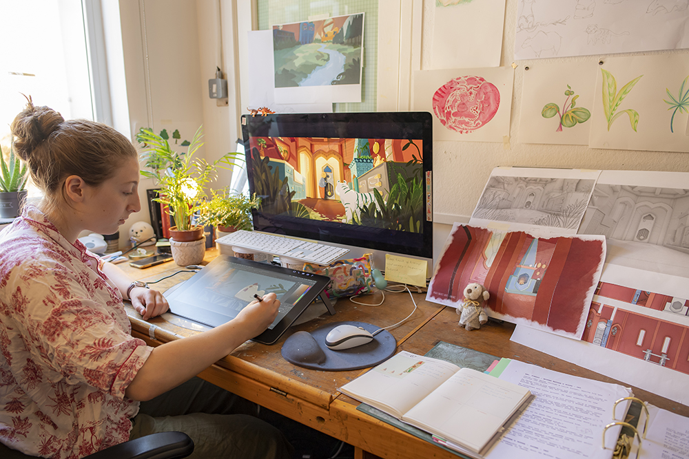 Student working in animation studio
