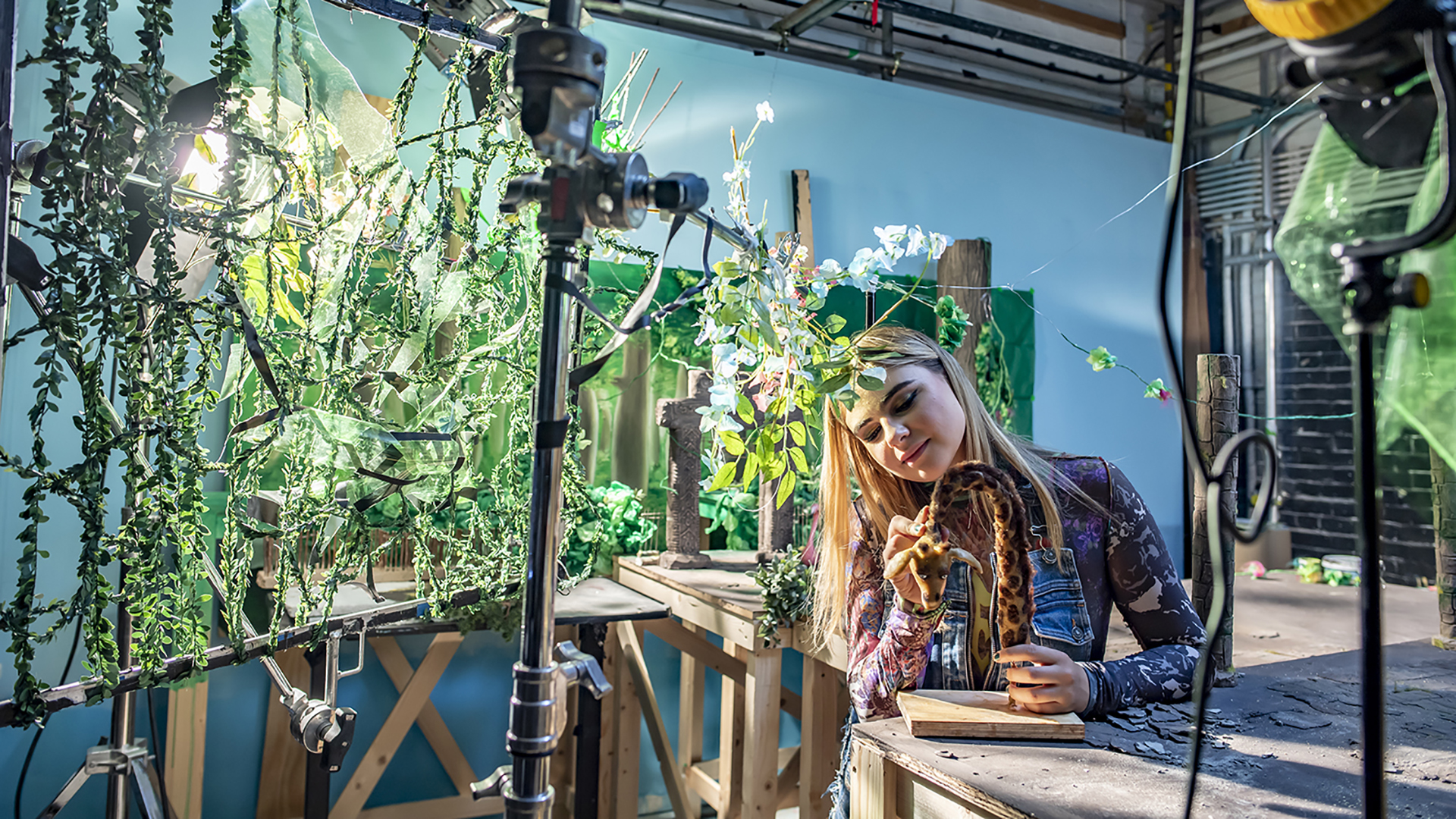 Animation student working on set