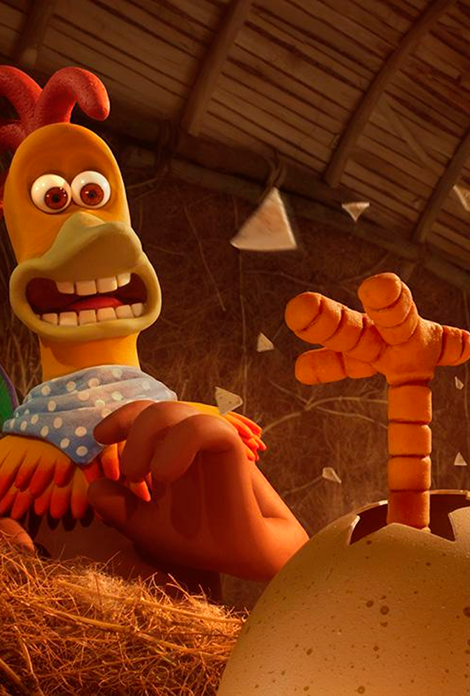 chicken run still showing chicken foot bursting out of egg and shocked chicken